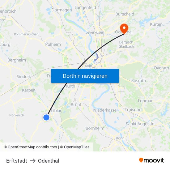 Erftstadt to Odenthal map