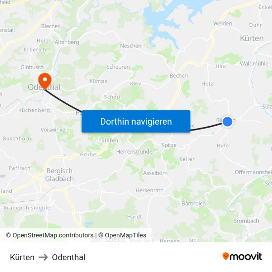 Kürten to Odenthal map