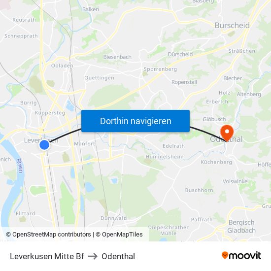 Leverkusen Mitte Bf to Odenthal map
