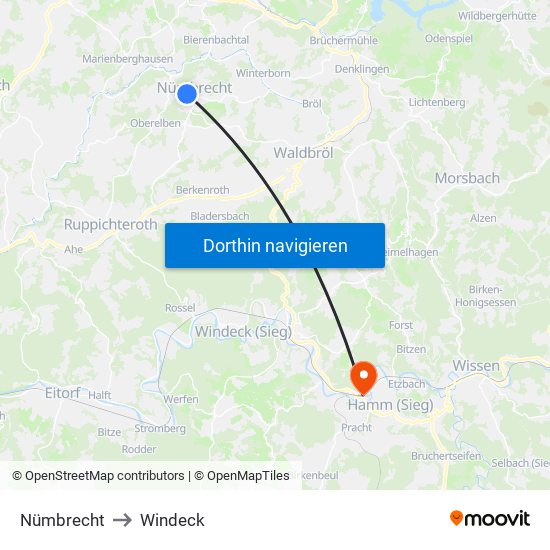 Nümbrecht to Windeck map