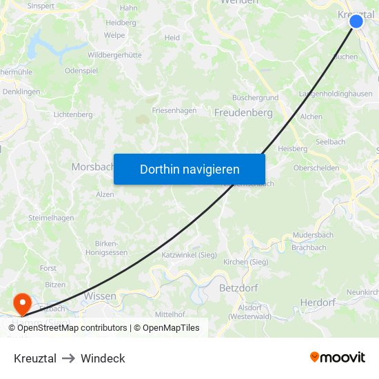 Kreuztal to Windeck map