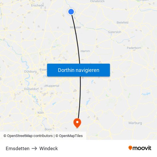 Emsdetten to Windeck map