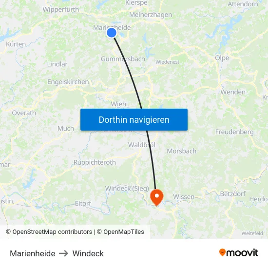 Marienheide to Windeck map