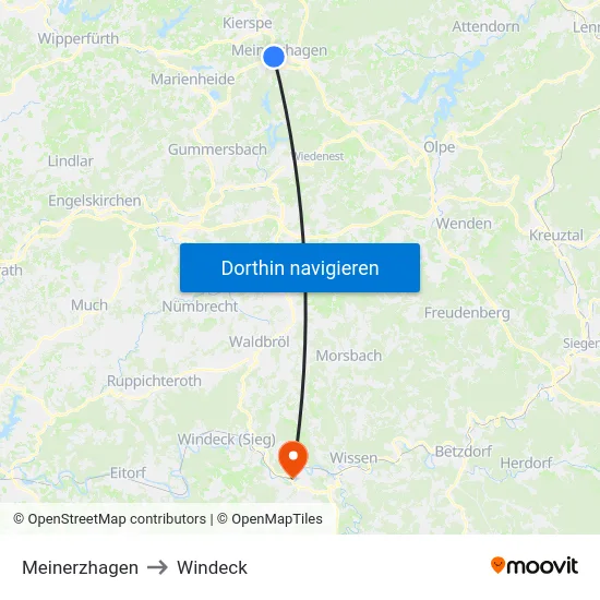 Meinerzhagen to Windeck map