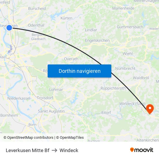 Leverkusen Mitte Bf to Windeck map