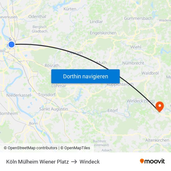 Köln Mülheim Wiener Platz to Windeck map