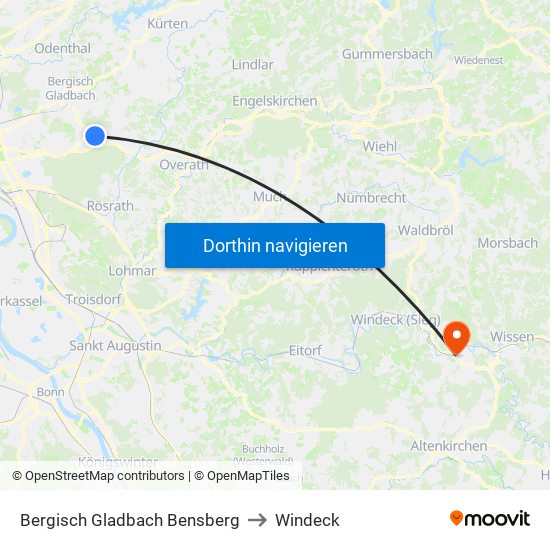 Bergisch Gladbach Bensberg to Windeck map