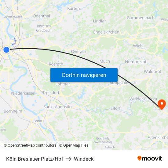 Köln Breslauer Platz/Hbf to Windeck map