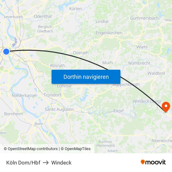 Köln Dom/Hbf to Windeck map