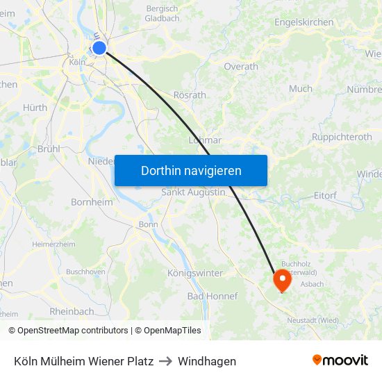 Köln Mülheim Wiener Platz to Windhagen map