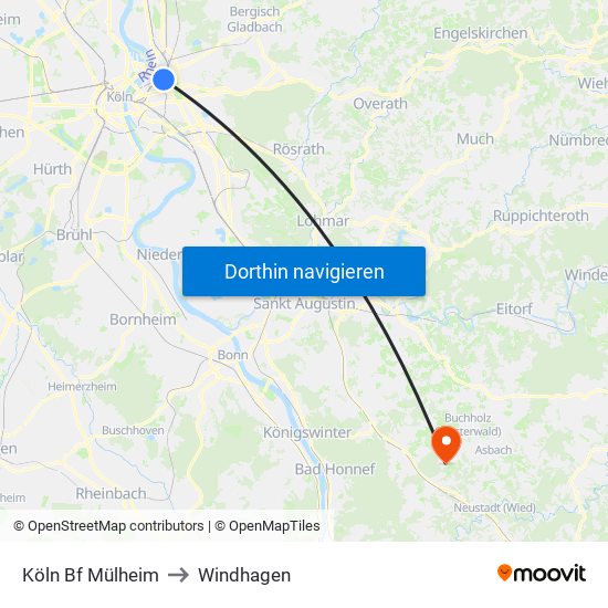 Köln Bf Mülheim to Windhagen map