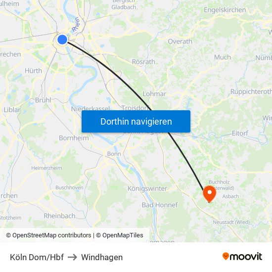 Köln Dom/Hbf to Windhagen map