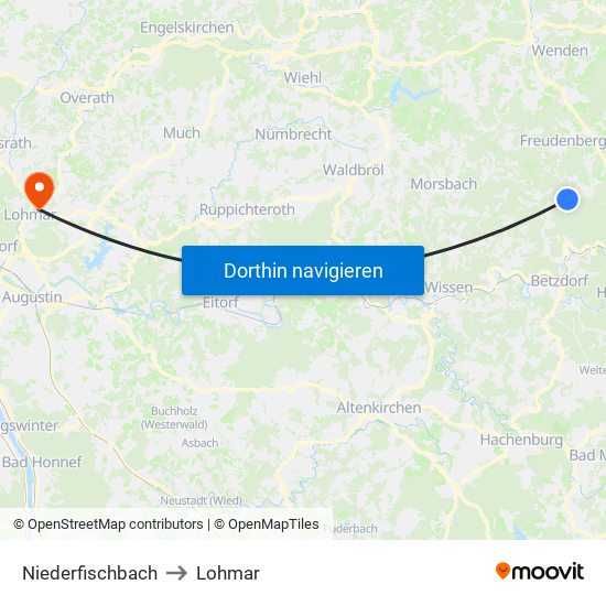 Niederfischbach to Lohmar map