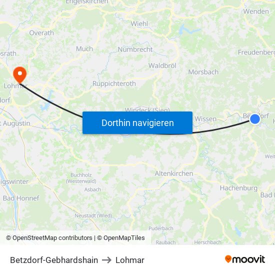 Betzdorf-Gebhardshain to Lohmar map