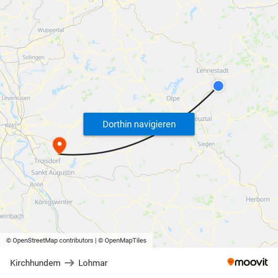 Kirchhundem to Lohmar map