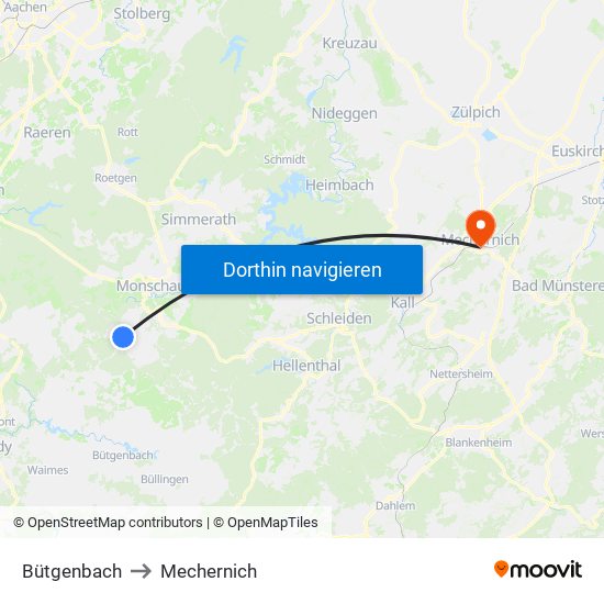 Bütgenbach to Mechernich map