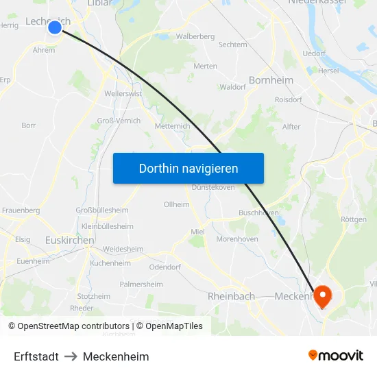 Erftstadt to Meckenheim map