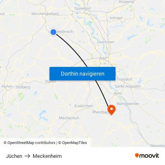 Jüchen to Meckenheim map