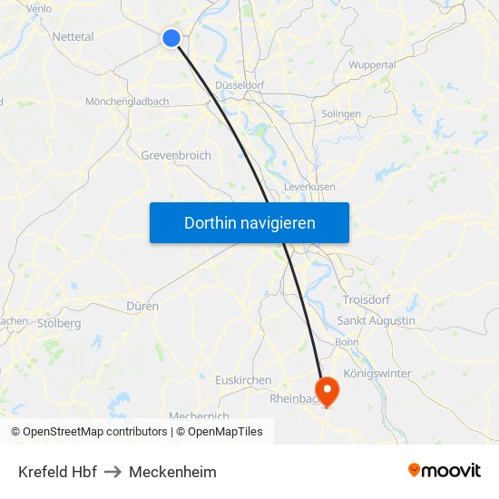 Krefeld Hbf to Meckenheim map