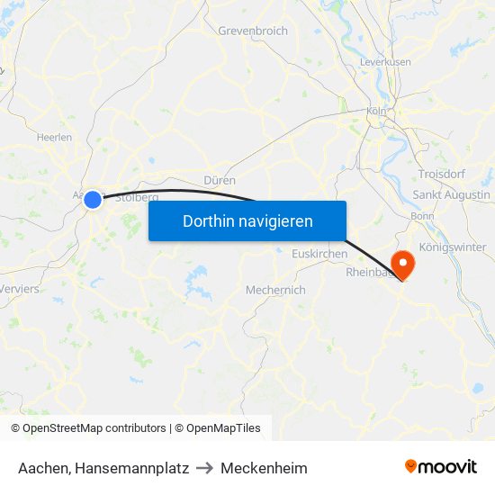 Aachen, Hansemannplatz to Meckenheim map