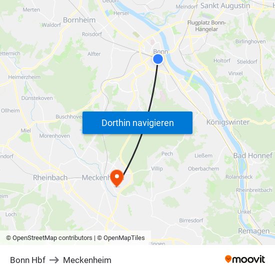 Bonn Hbf to Meckenheim map