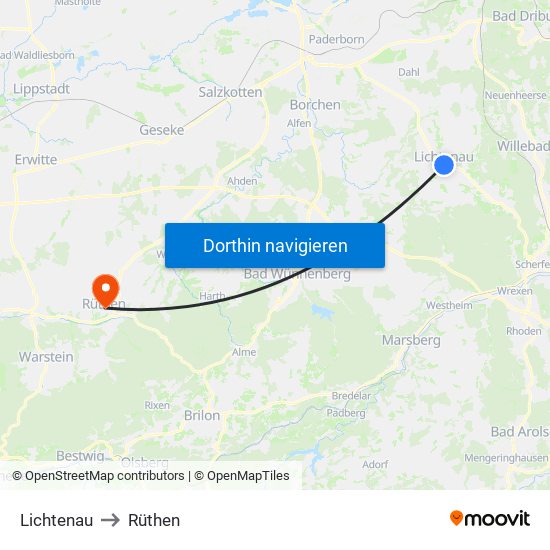 Lichtenau to Rüthen map