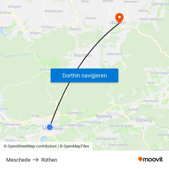 Meschede to Rüthen map