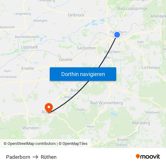 Paderborn to Rüthen map