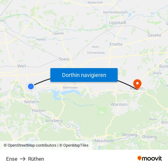 Ense to Rüthen map