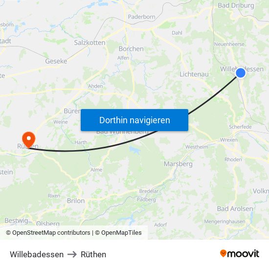 Willebadessen to Rüthen map