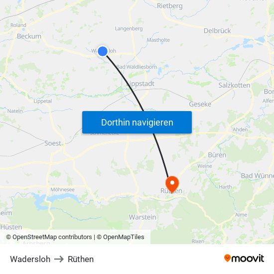 Wadersloh to Rüthen map