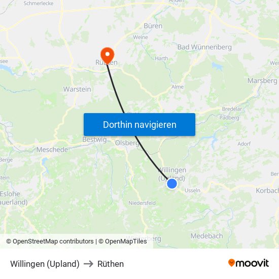 Willingen (Upland) to Rüthen map