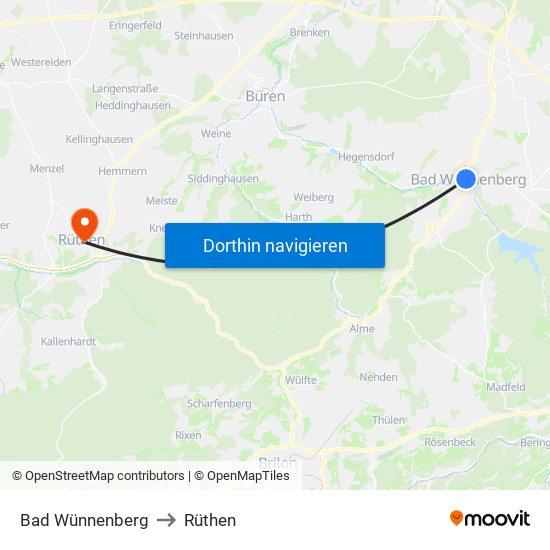 Bad Wünnenberg to Rüthen map