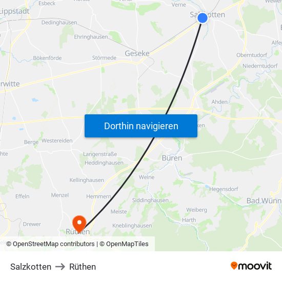Salzkotten to Rüthen map