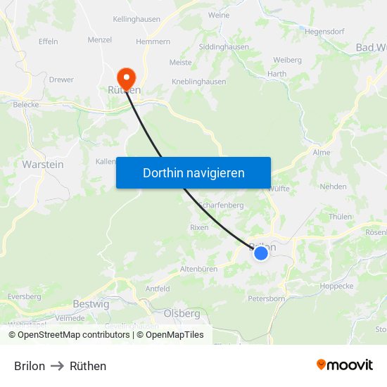 Brilon to Rüthen map
