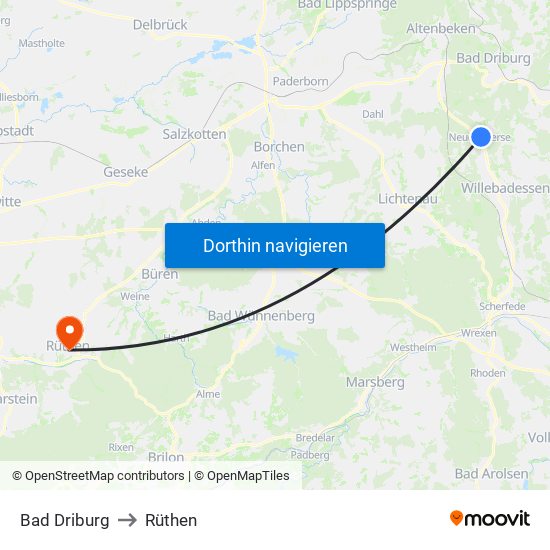 Bad Driburg to Rüthen map