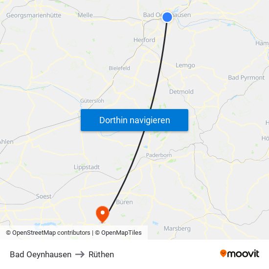 Bad Oeynhausen to Rüthen map