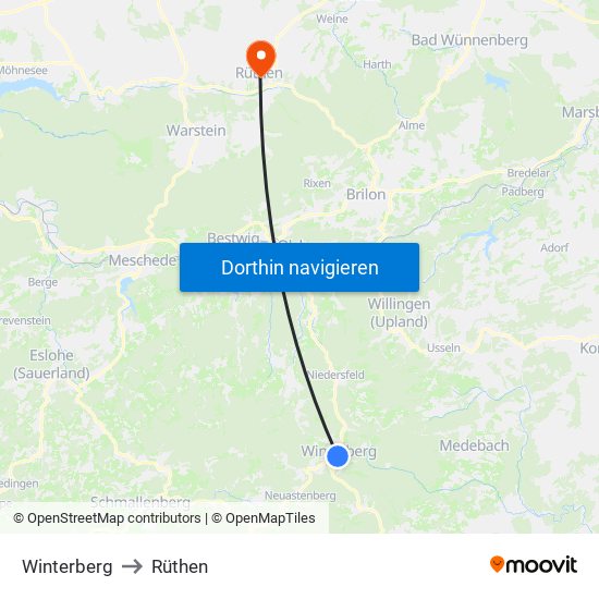 Winterberg to Rüthen map