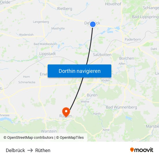 Delbrück to Rüthen map