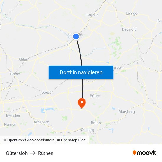 Gütersloh to Rüthen map