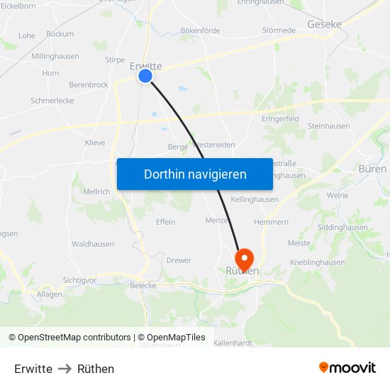 Erwitte to Rüthen map