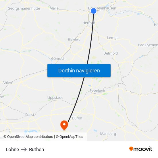 Löhne to Rüthen map