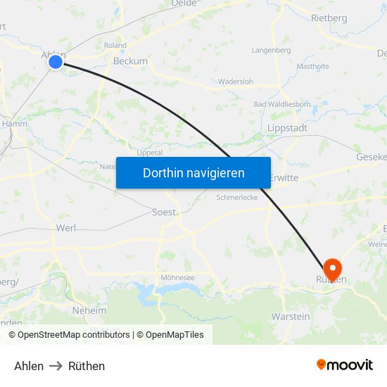 Ahlen to Rüthen map
