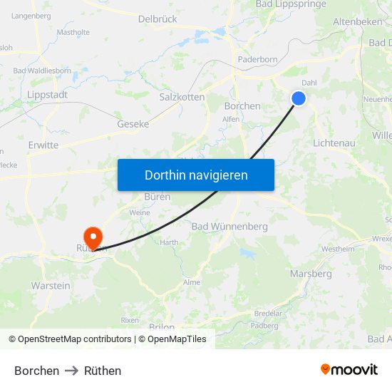 Borchen to Rüthen map