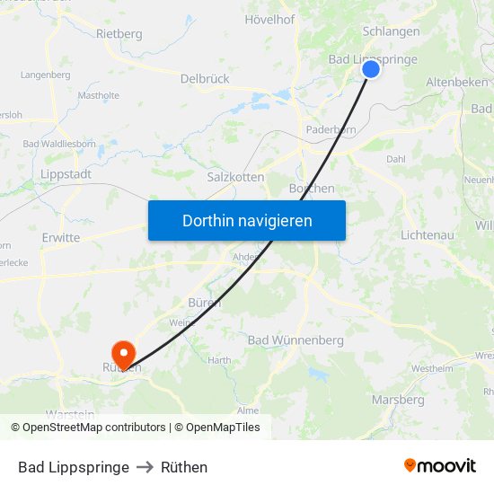 Bad Lippspringe to Rüthen map