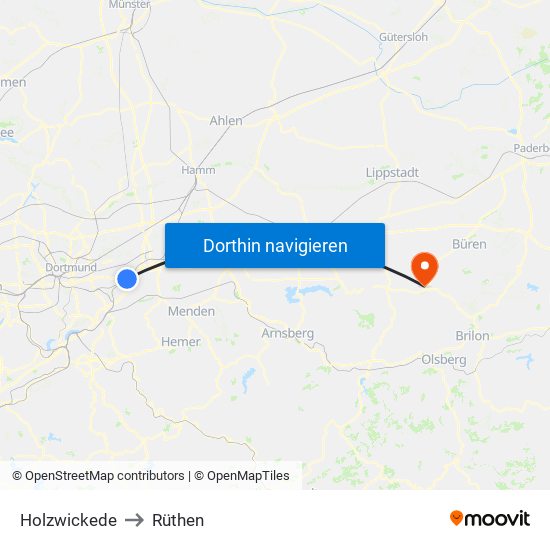 Holzwickede to Rüthen map