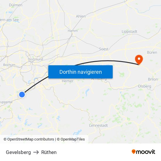 Gevelsberg to Rüthen map