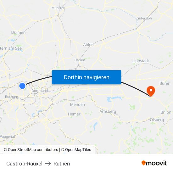 Castrop-Rauxel to Rüthen map