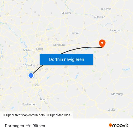 Dormagen to Rüthen map