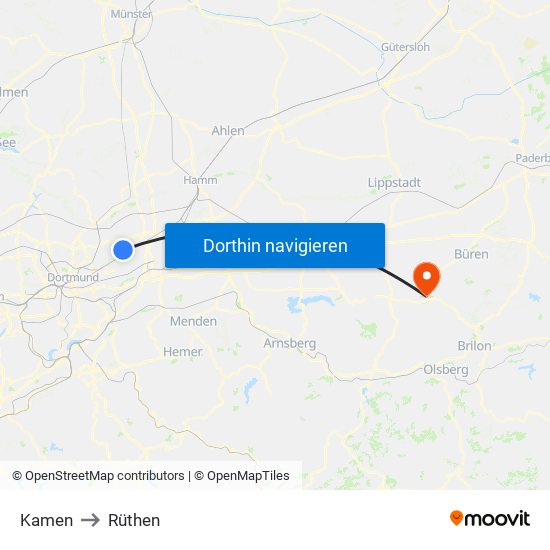 Kamen to Rüthen map